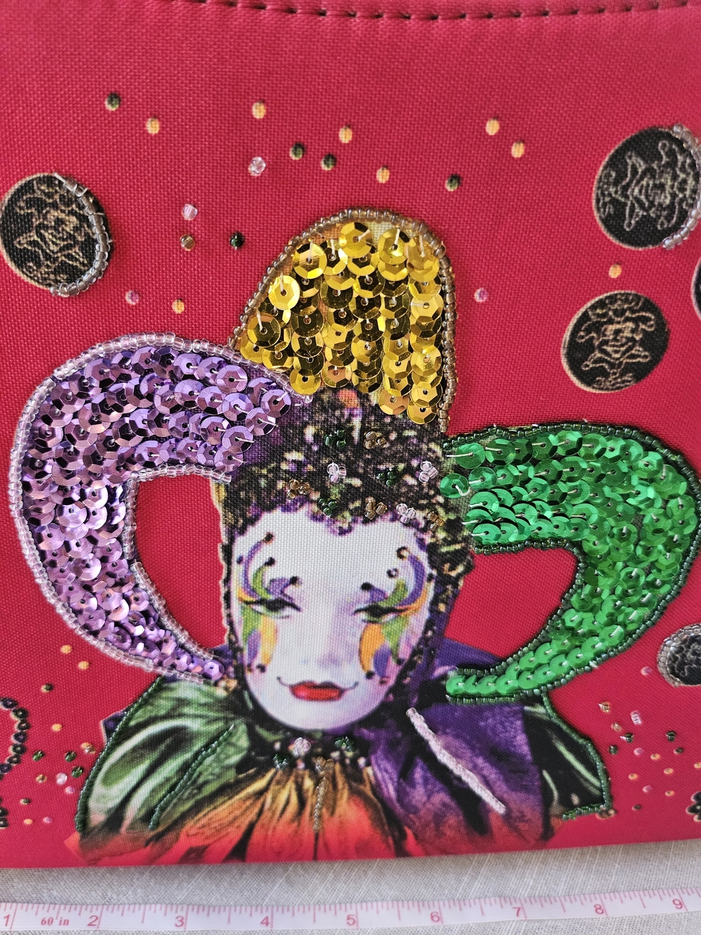 Red Sequin Jester Appliqué Shoulder Bag Vintage Mardi Gras Purse Bold Bright - Picture 15 of 16